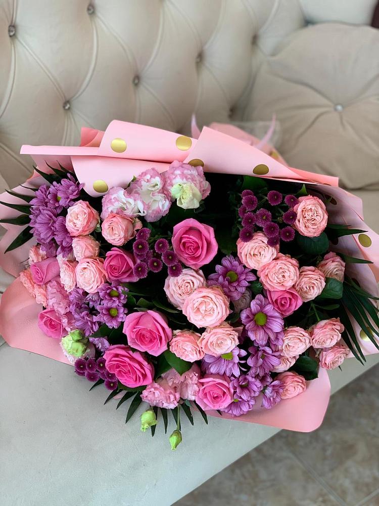 Букет цветов из: Хризантемы, Розы и Лизиантусы в Бакунино