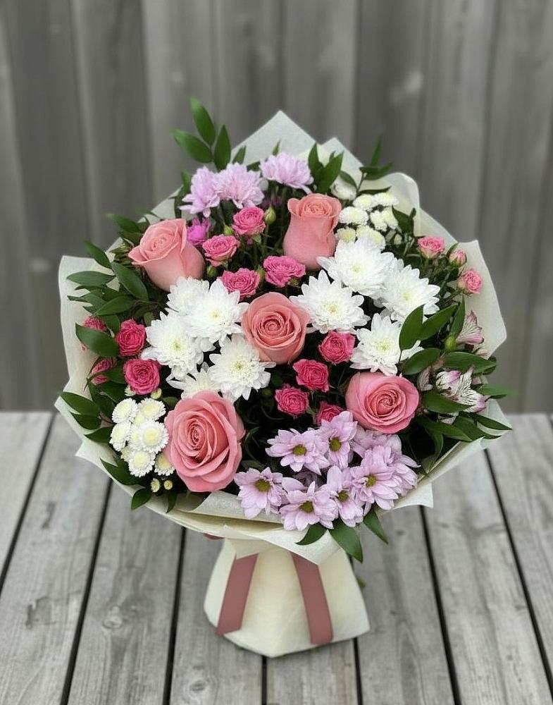 Букет цветов из: Альстромерии, Гвоздики, Розы и Хризантемы в Бакунино