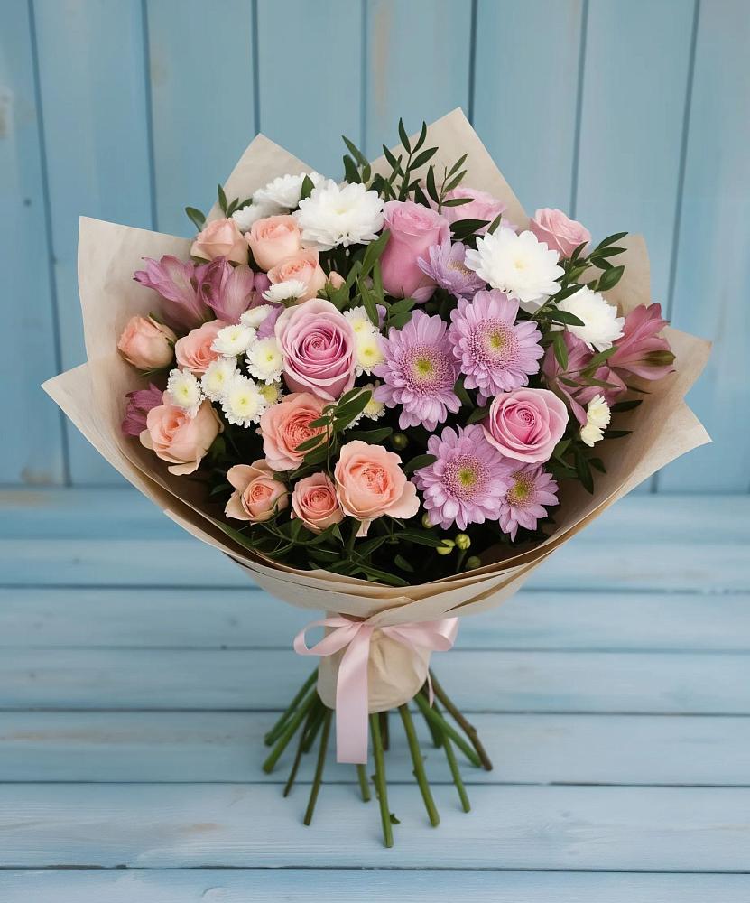 Букет цветов из: Хризантемы, Розы и Альстромерии в Бакунино