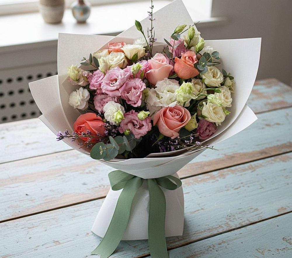 Букет цветов из: Розы, Лизиантусы и Гвоздики в Бакунино