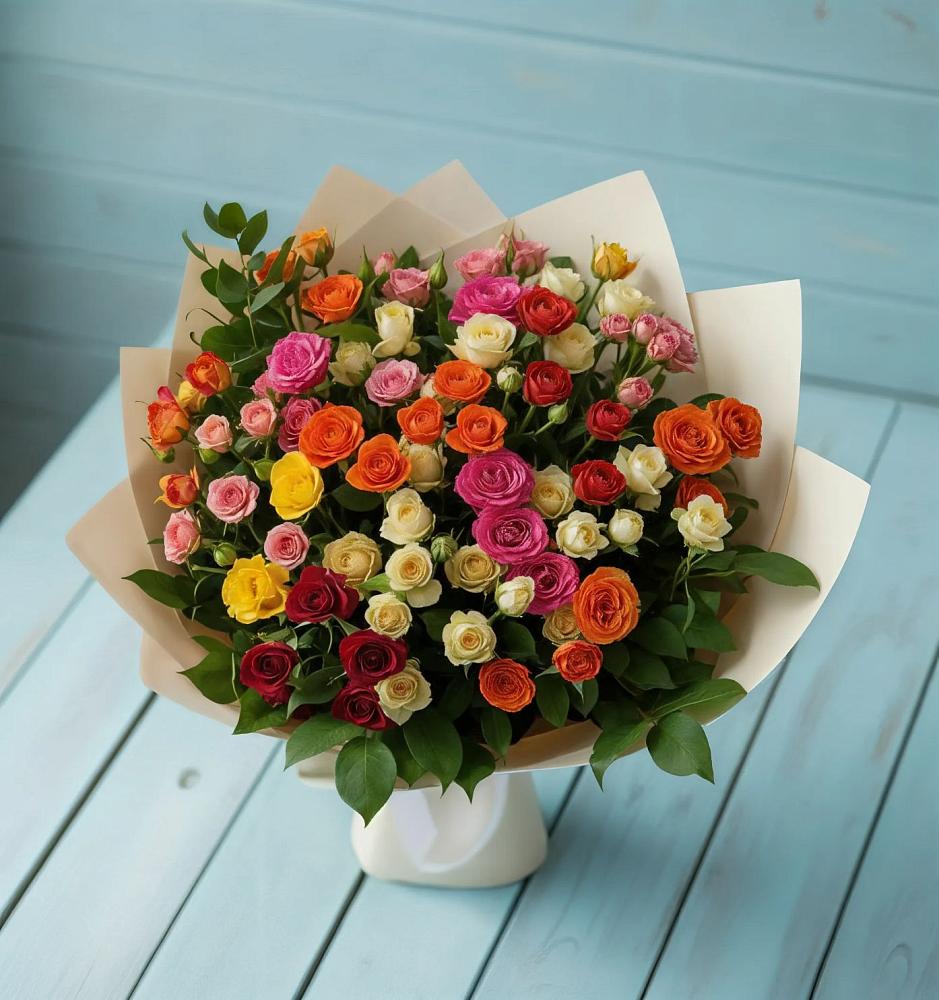 Букет Микс из разноцветных кустовых роз в Бакунино