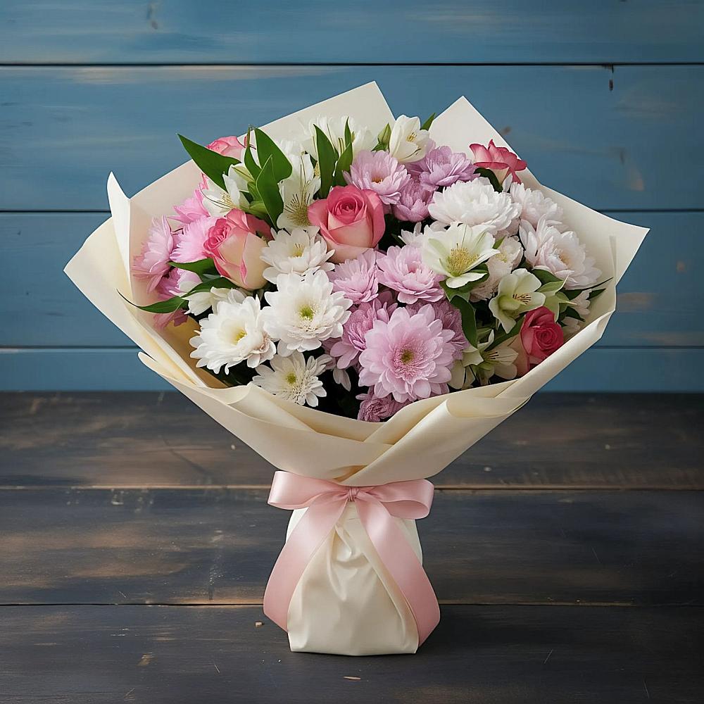 Букет цветов из: Хризантемы, Альстромерии и Розы в Бакунино